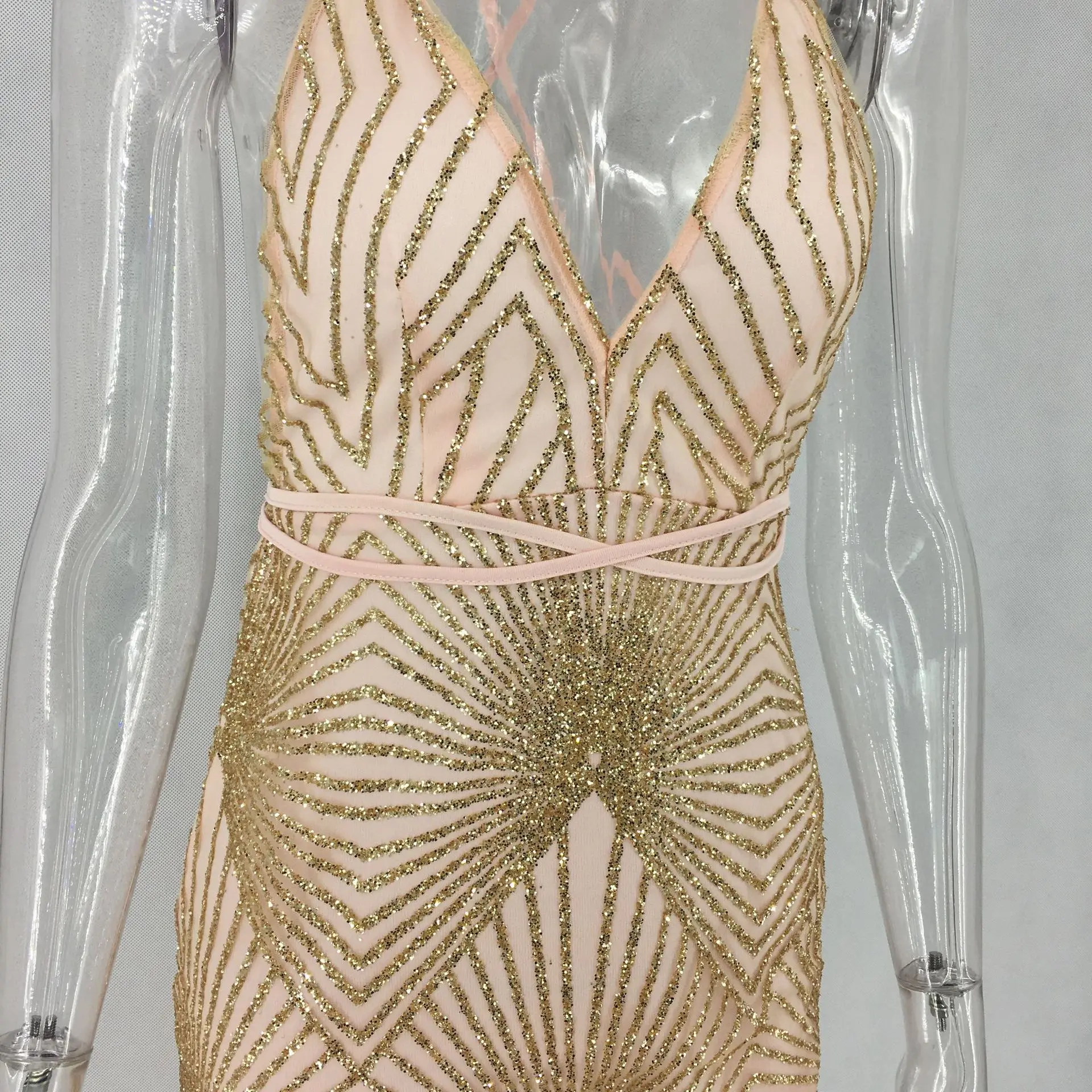 

Spring Sexy V-neck Dress Nightclub Halter Strap Dress Bright Silk Hip Dresses Gold Black Bow Decoration Autumn
