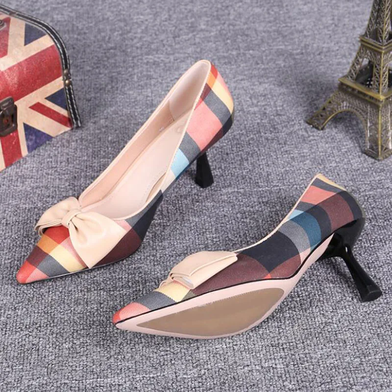 

New bow spring pointed toe color matching plaid high heels women stiletto heels all-match temperament single shoes women pumps