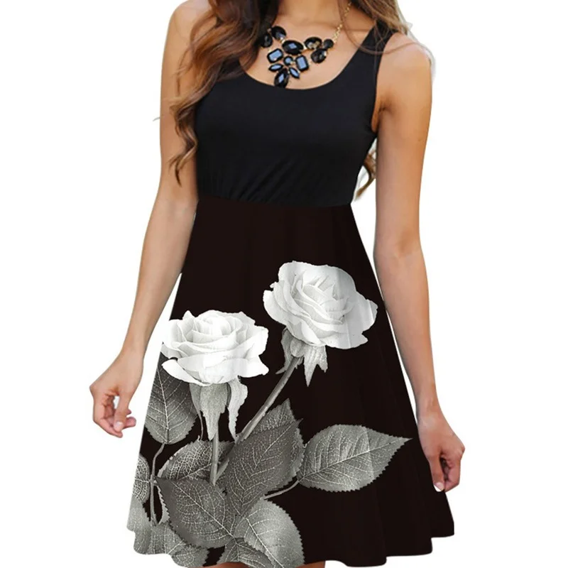 

Vintage Floral Print Dress Patchwork Clothing Sexy Cute Tank Mini Dress Sleeveless Sukienka Suspender Women Dress Scoop A Line