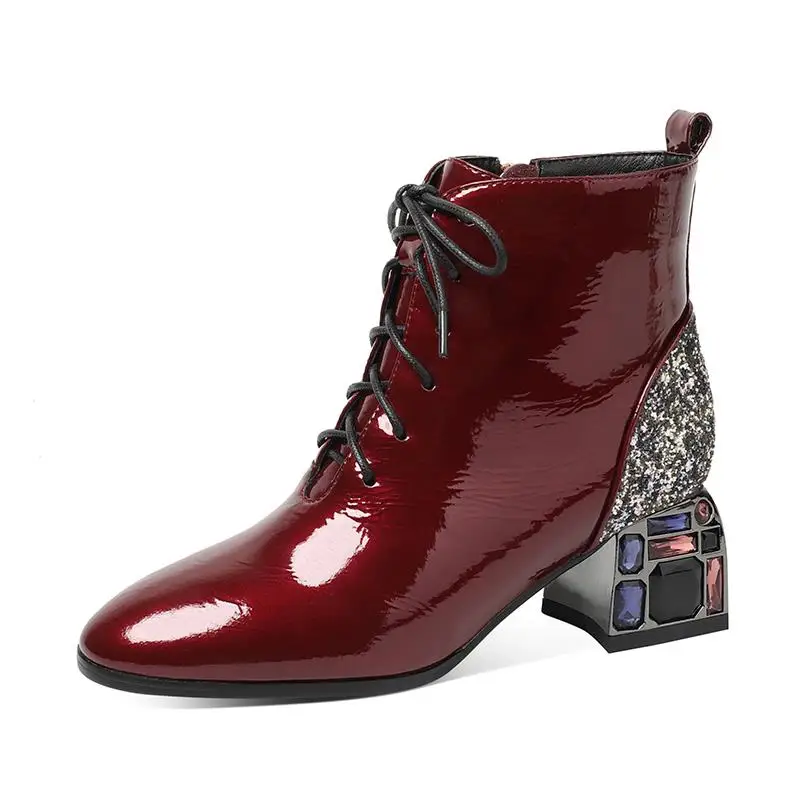 

Spring/Fall Shoes 2020 Women Ankle Boots Rhinestone Thick Heel Soft Leather Martin Boot Sequins Zip Female Booties Large Size