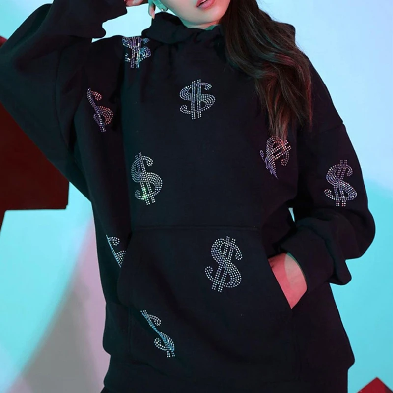 

Женские готические толстовки в стиле панк с длинным рукавом в стиле Харадзюку Блестящий свитшот с узором долларов платье Свободный пуловер...