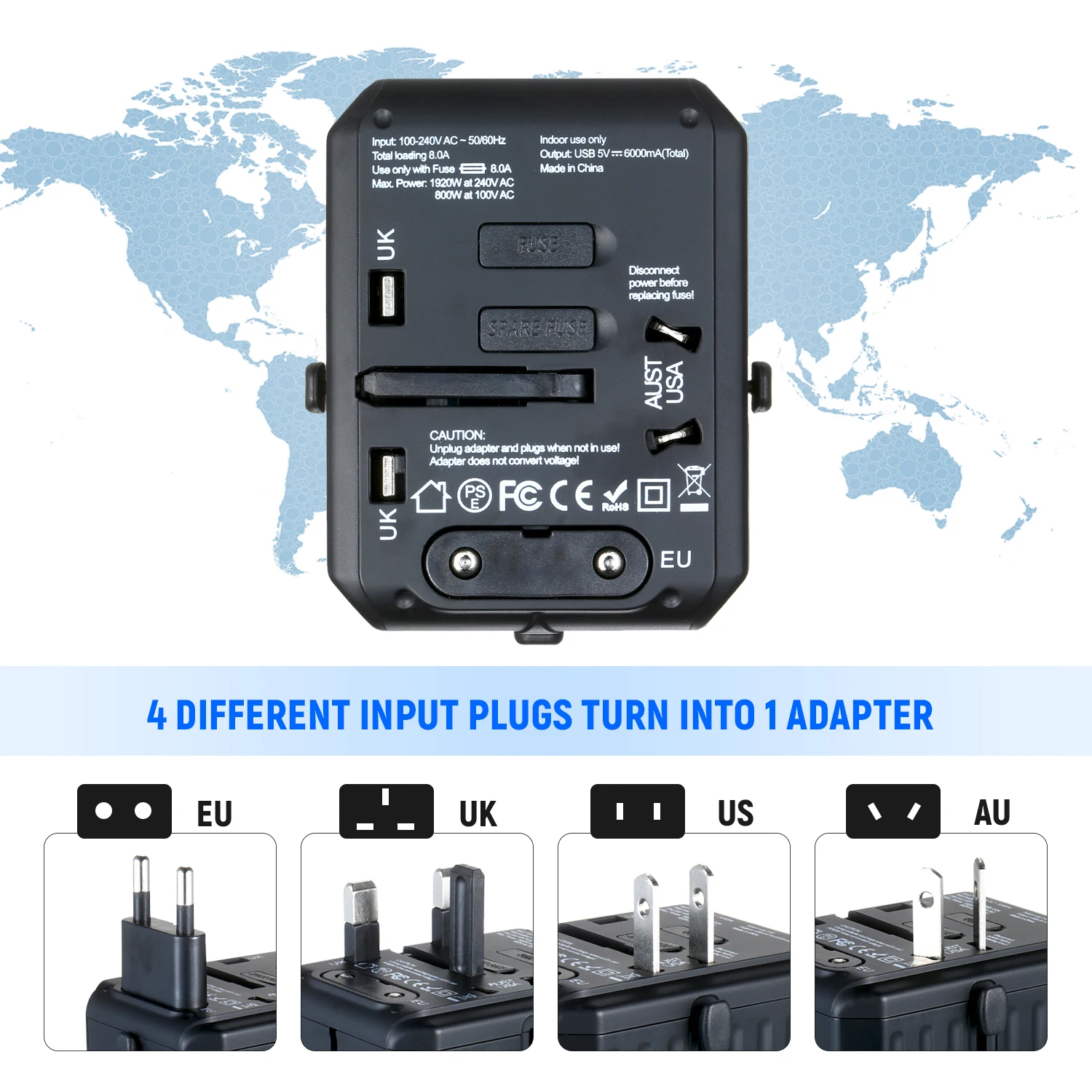 Дорожный адаптер 4 USB по всему миру Универсальный дорожный настенное зарядное