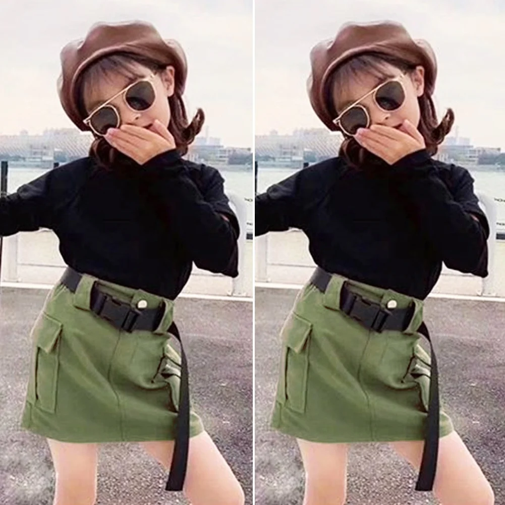 New 3 Pcs Set Kids Baby Girls Outfit Fashion Autumn Clothes Long Sleeve Half High Collar Sweater Tops+Skirt+Belt Toddler Suits | Мать и