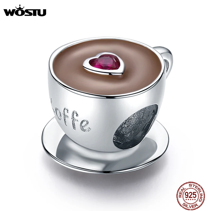 

WOSTU Hot Sale Real 925 Sterling Silver Cute Heart Coffee Cup Beads Fit Original Silver Charm Bracelet Jewelry CQC1286