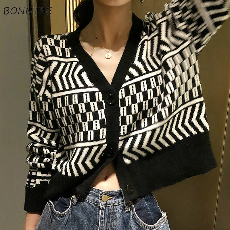 

Женский Укороченный кардиган, винтажный, геометрический, v-образный вырез, вязаный, женская верхняя одежда для отдыха, Femme Chic, весна, оверсайз...