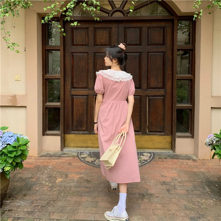

Korean New Summer Vintage Dress French Sweet Gauze Splice V-Neck Ruffled Cute Puff Sleeve Dress Elegant Mori Girl Dress Women