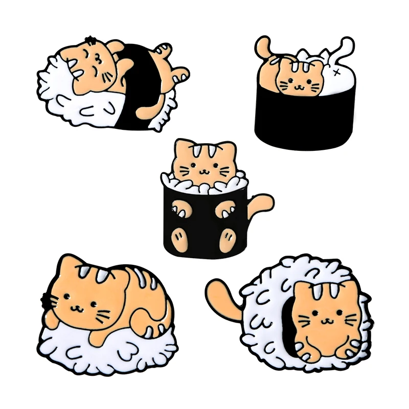 Cat Sushi Rice Ball Hard Enamel Pins Collect Animals Metal Cartoon Brooch Backpack Hat Bag Collar Lapel Badges Fashion Jewelry