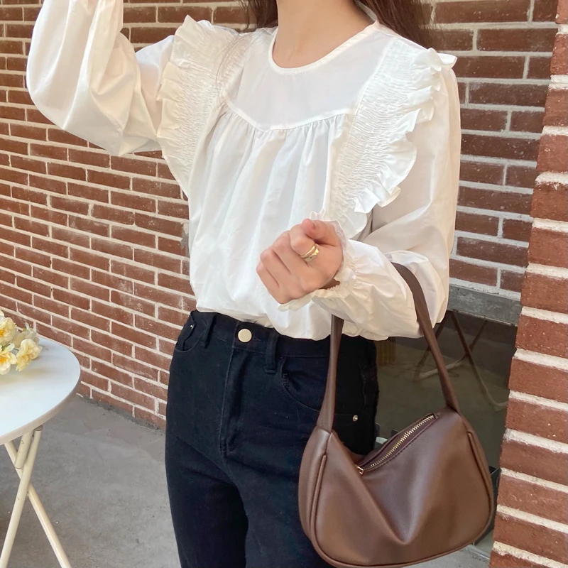 

Korean Style Ins Gentle Temperament Cute Youth-Looking Flying Sleeves Pleated Stitching Decorations Versatile Long Sleeve Shirt