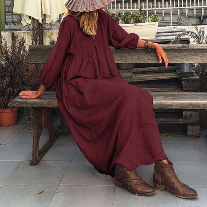 

Summer Women's Dress 2021 V-neck Loose Puff Sleeve Casual Long Dress Female Solid Cotton Linen Sundress Holiday Robe Fashion