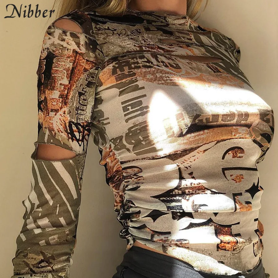 

Nibber Punk Y2K Hollow Out Crop Tops Gothic Street Tee shirt For Women's Casual Basic Tees Female 2021 Summer Long Sleeve Top