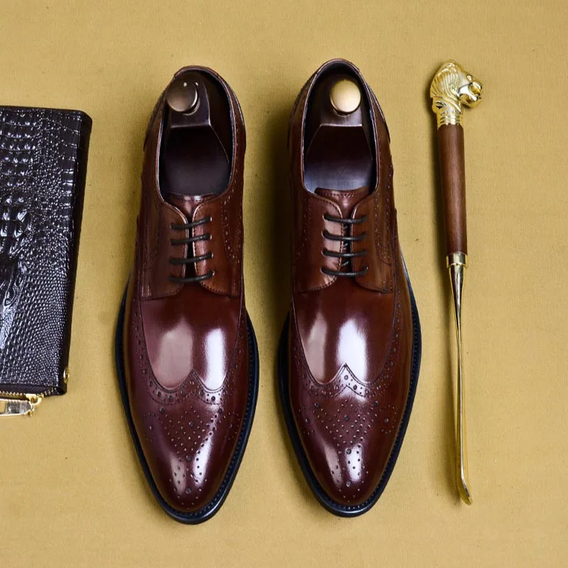 

Luxury Classic Mens Brogue Oxfords Dress Shoes Genuine Cow Leather Pointed Toe Lace Up Formal Footwear Wedding Party Shoes A171