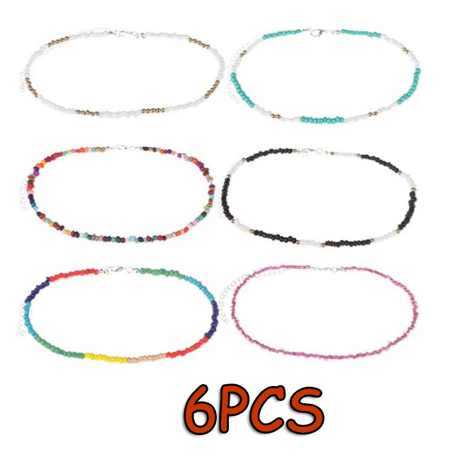 6PCS Visco, колье из бисера, крошечное колье из бисера, бохо, цветное колье, ожерелье на цепочке, ювелирное изделие для женщин и девушек, регулируемое - Окраска металла: 6PCS
