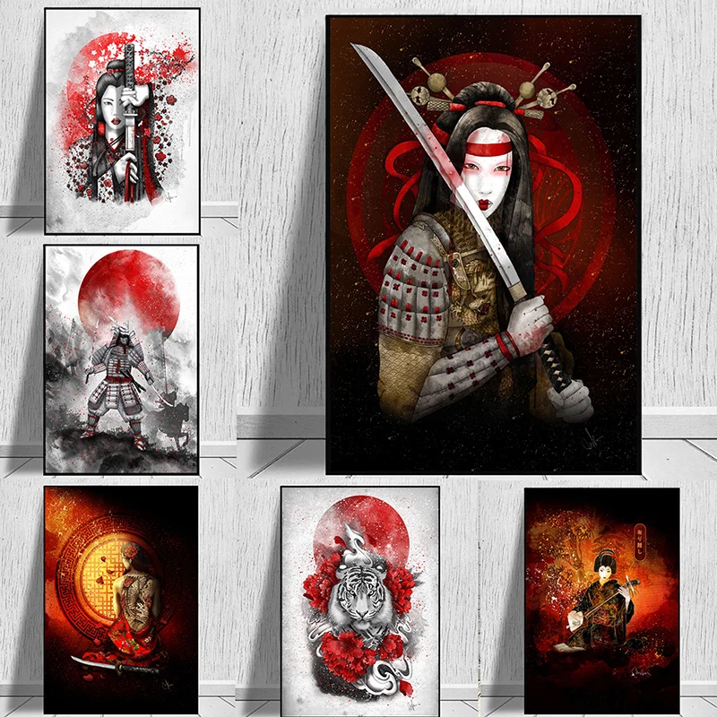 

Japanese Bushido Samurai Canvas Painting Geisha Crane Tiger Posters and Prints Black Red Pictures Living Room Wall Art Decor