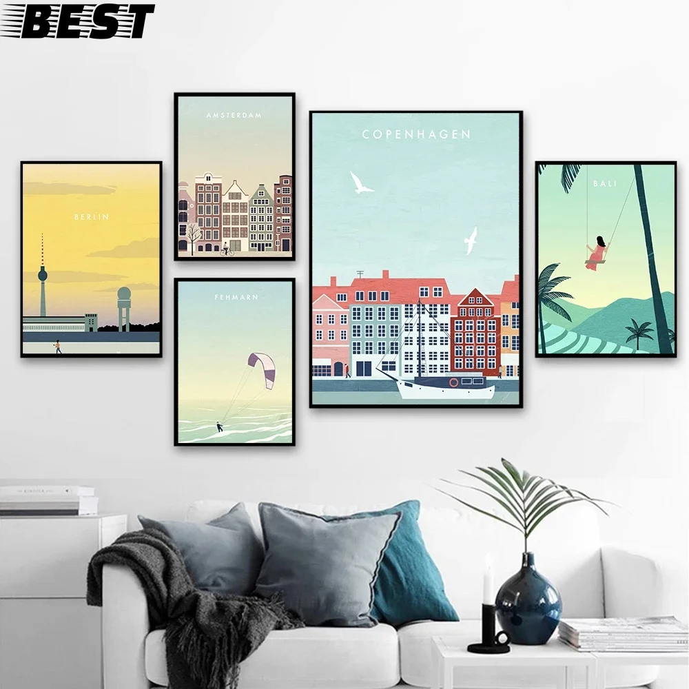 Постеры для стен холла картины на холсте в стиле модерн и минимализма с изображениями городов Амстердам, Берлин, Бали и Фемарн.