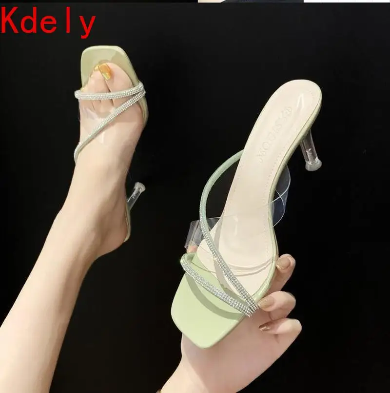 

Summer 2021 Sapatos Das Mulheres Squared Toe Bling Concise Slippers Stiletto Heels PVC Shallow Outside Solid Size 35-39