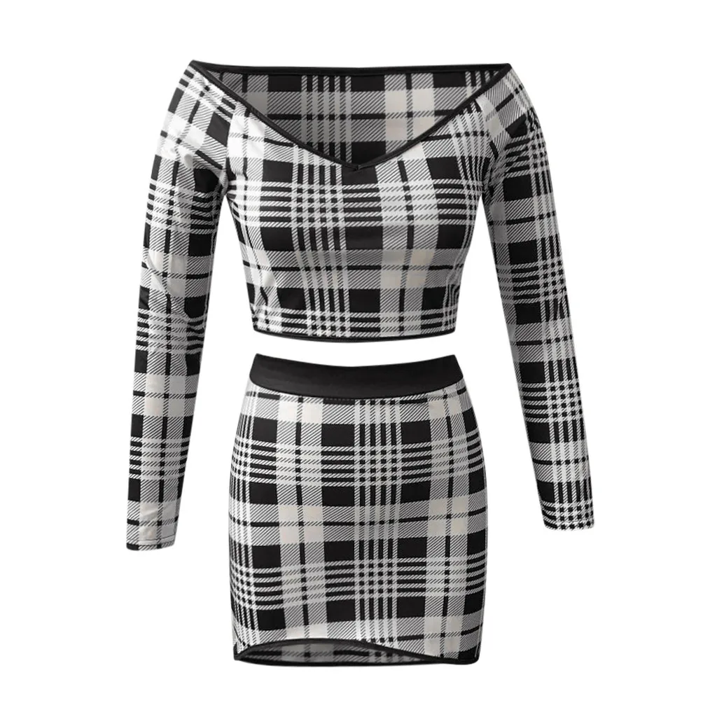 JAYCOSIN Women Plaid Printed Sexy Two Piece Set One Shoulder Long Sleeve Crop Top Skirt Matching Sets Club Outfits Spring 2020 |