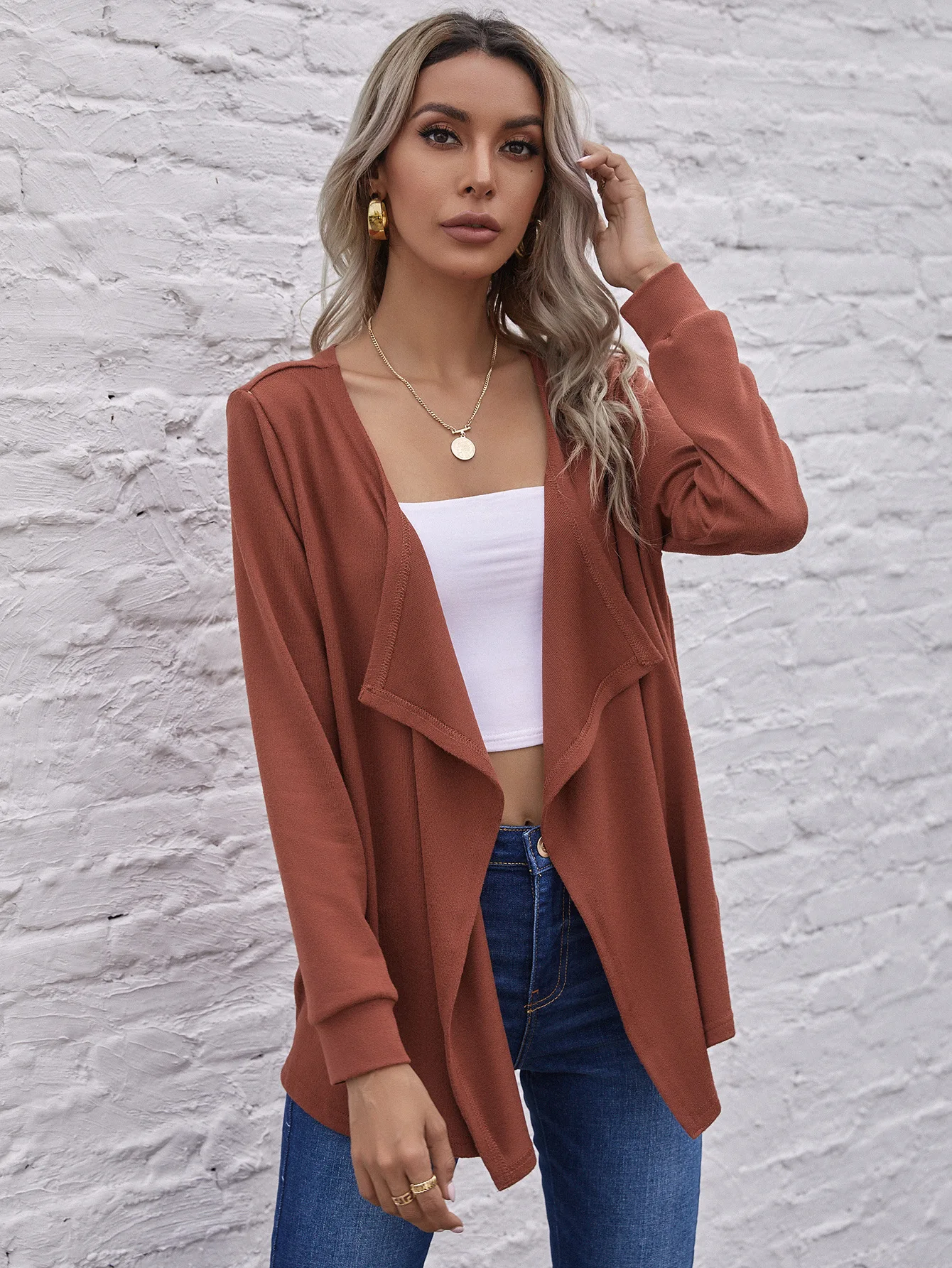 

Women's new long-sleeved cardigan blouse solid color coat