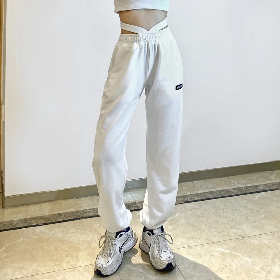 

Sylcue Summer Hong Kong style design sense letters paste cloth pair trousers waist high waist legs long leisure sports trousers