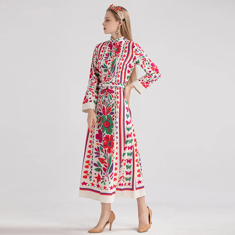 Женские подиумные платья с круглым вырезом и длинными рукавами цветочным