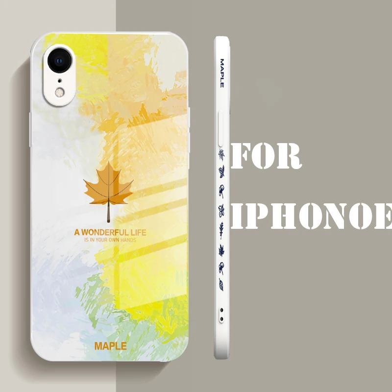 

Anti-fall Straight Edge Liquid Watercolor Maple Leaf Glass Phone Case For iPhone SE 2020 8 7 XS X XR 12 11 13 Mini Pro Max Cover