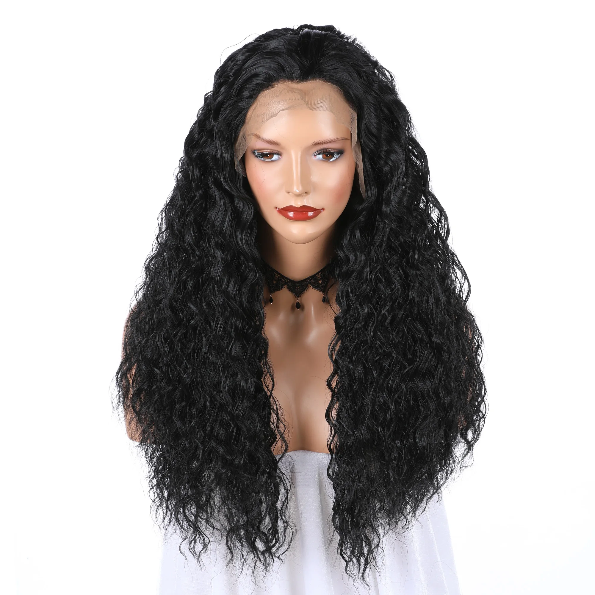 

26Inch 180%Density Natural Black Soft Kiky Curly Long Glueless Lace Front Wig High temperature With Baby Hair For Women