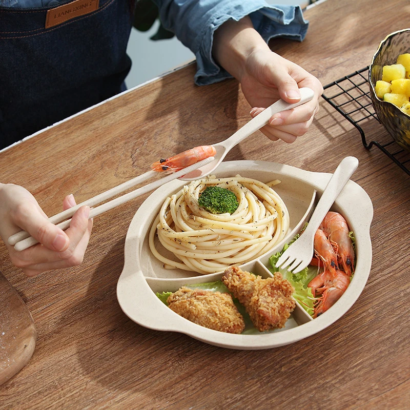 Vajilla de alimentaci&oacute;n para beb&eacute;, plato de paja de trigo para entrenamiento de reci&eacute;n nacido, con tenedor, palillo y cuchara, platos infantiles, MBG0520-2