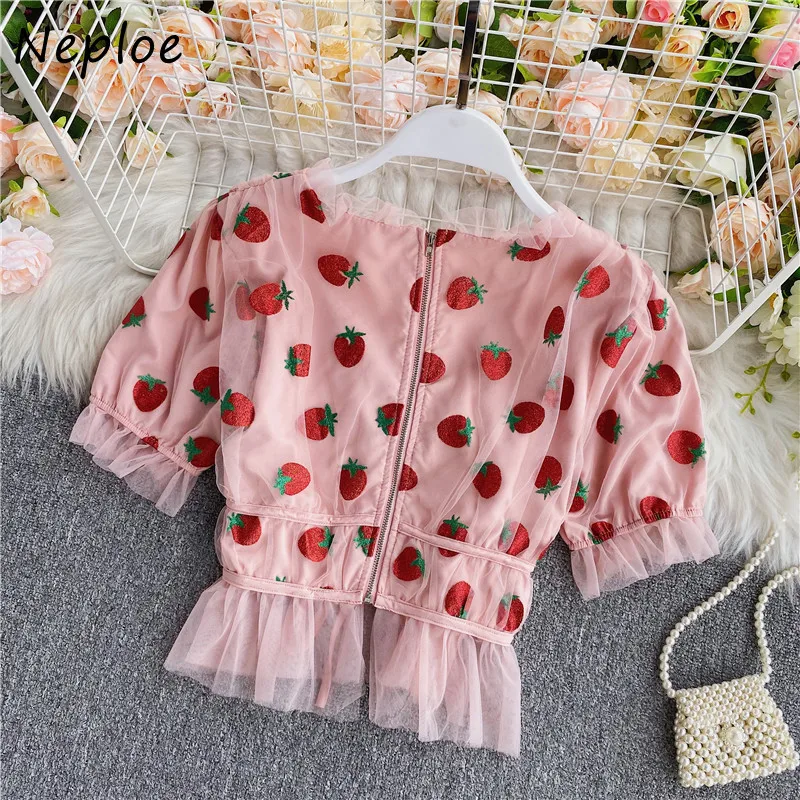 Розовая Клубничная сетчатая Сексуальная Блузка Neploe с V образным вырезом новинка