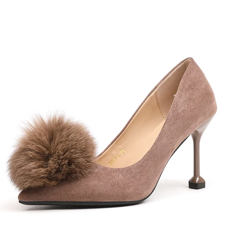 

2020 spring and summer fashion celebrity shallow single shoes suede thin heel pointed high heels women's cat heel shoes Party