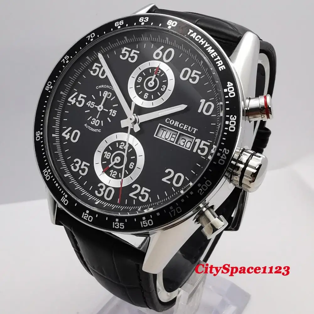 44 мм Corgeut минеральное стекло кожаный ремешок 24 часа Авто Отображение Даты Недели