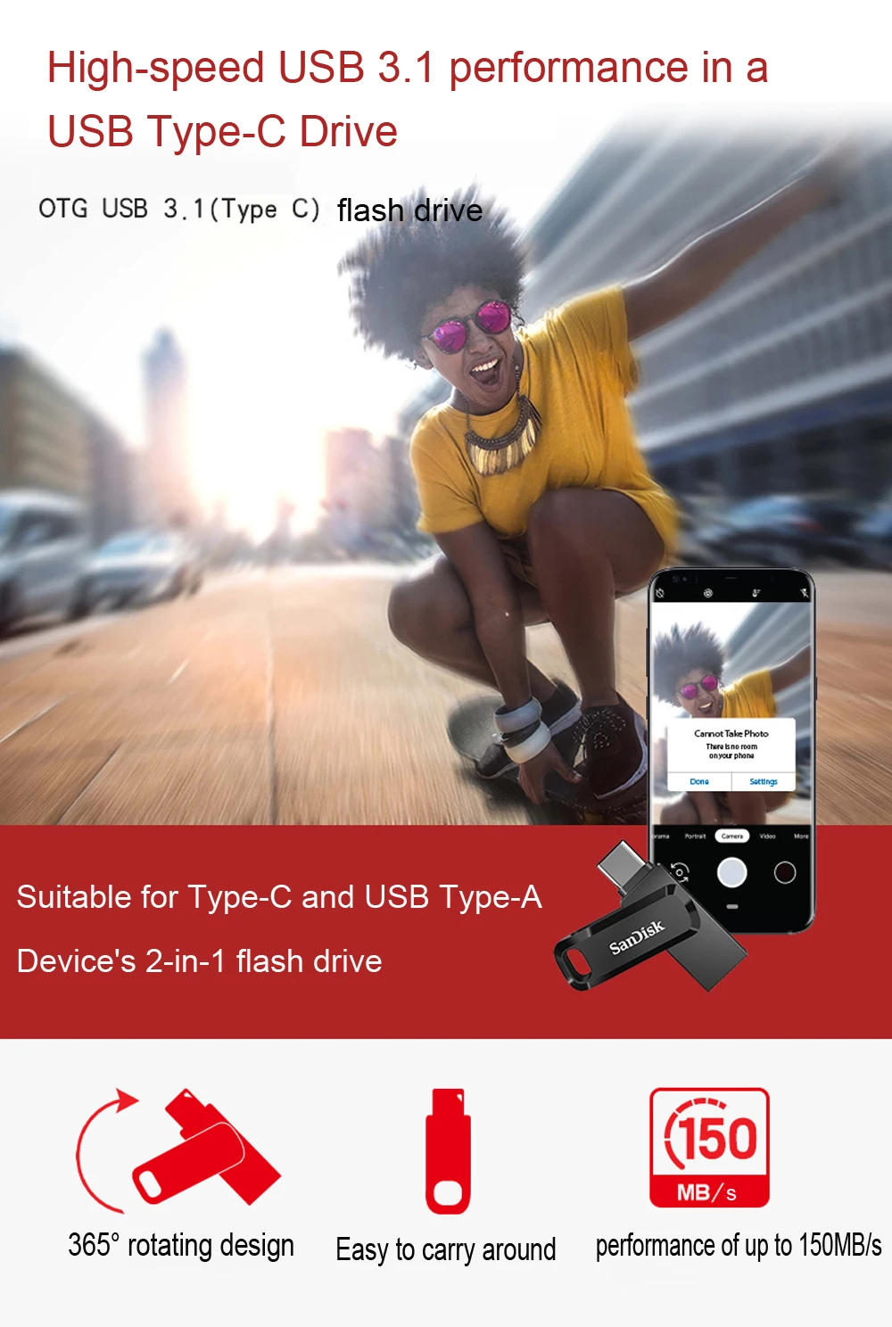SanDisk флеш-накопитель USB 32 Гб 64 Гб 128 ГБ 256 ГБ ультра двойной USB3.1 диск OTG type-C флеш-накопитель 150 м/с для смартфонов и ноутбуков