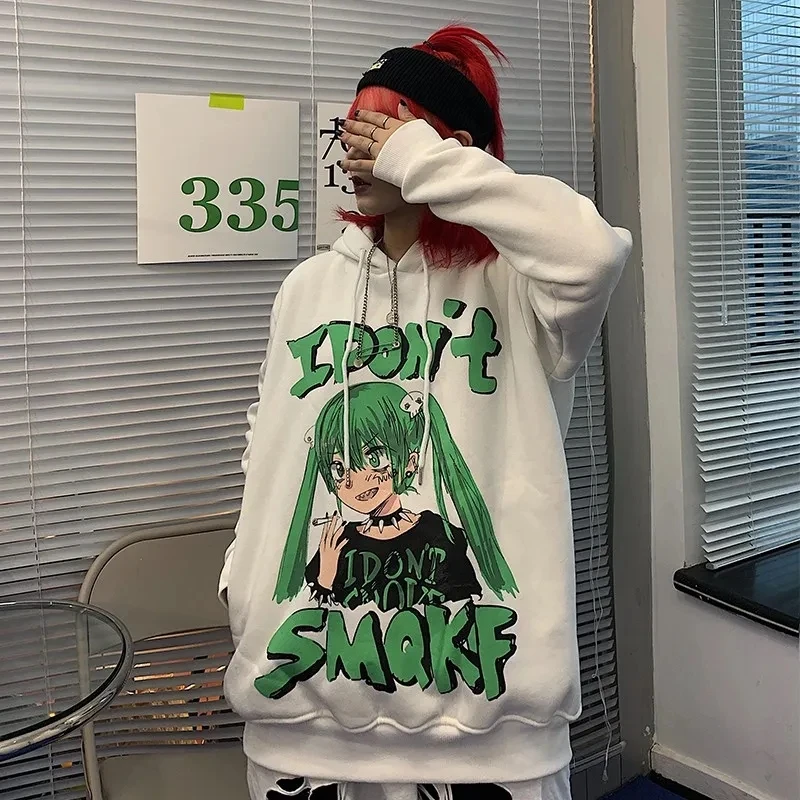 

Sweater women winter Harajuku cartoon Diablo print loose hooded jacket female clothing Vintage Long-sleeved sweatshirt oversized