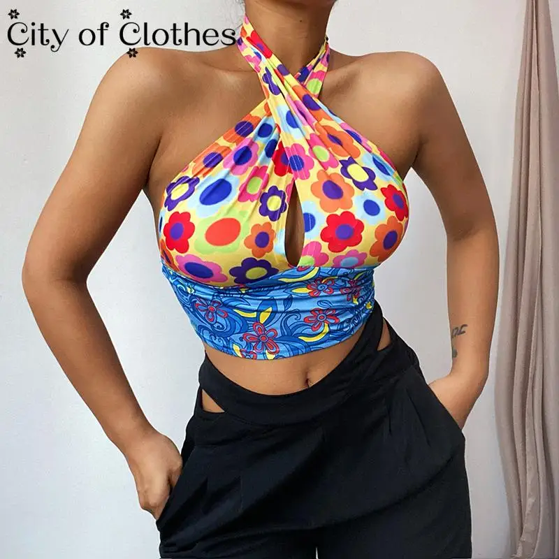 

Y2K Floral Print Crop Tops Women V-Neck Bandage Backless Summer Party Club Beach Wear Sleeveless Cute Ladies Cropped Cami 2021