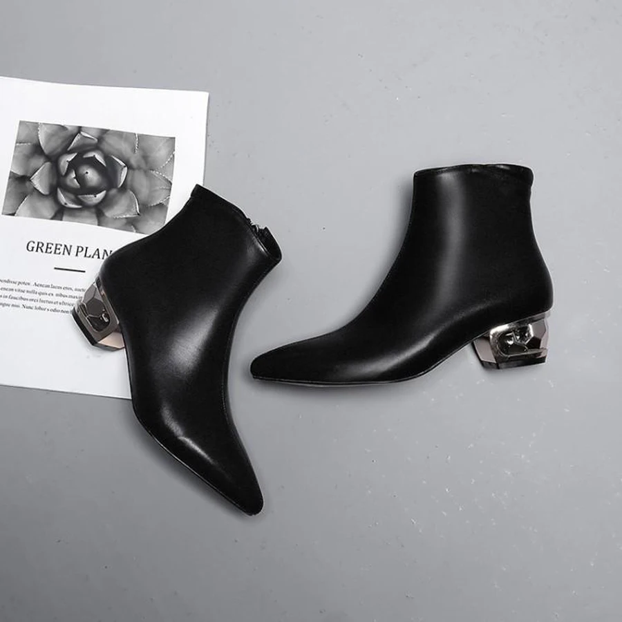 

Prova Perfetto Electroplate Fretwork Strange Heels Women Ankle Boots Solid Genuine Leather Women Pointed Toe Office Party Shoes