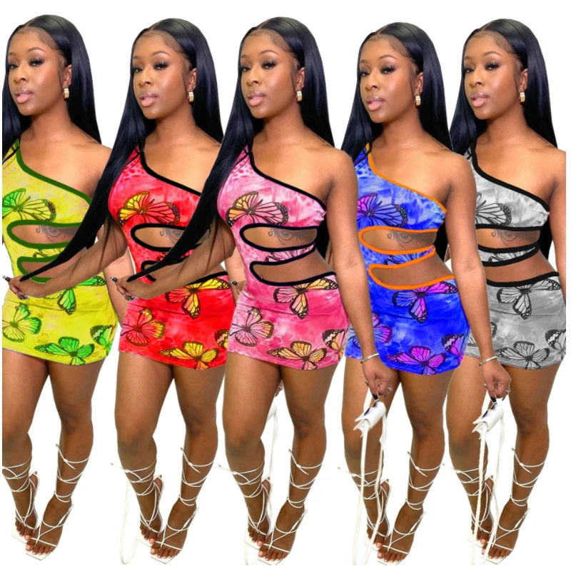 

Butterfly Printed Bodycon Bandage Dress Mini Hole Cut Out Sexy Club Dresses One Shoulder Vestidos De Renda Midi Slim Fit Summer