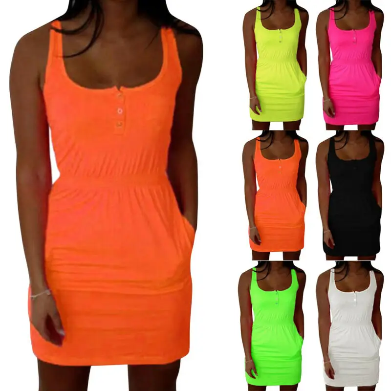 

Womens Plain Sleeveless Mini Dress Lady Baggy Party Dress Sundress Summer Casual