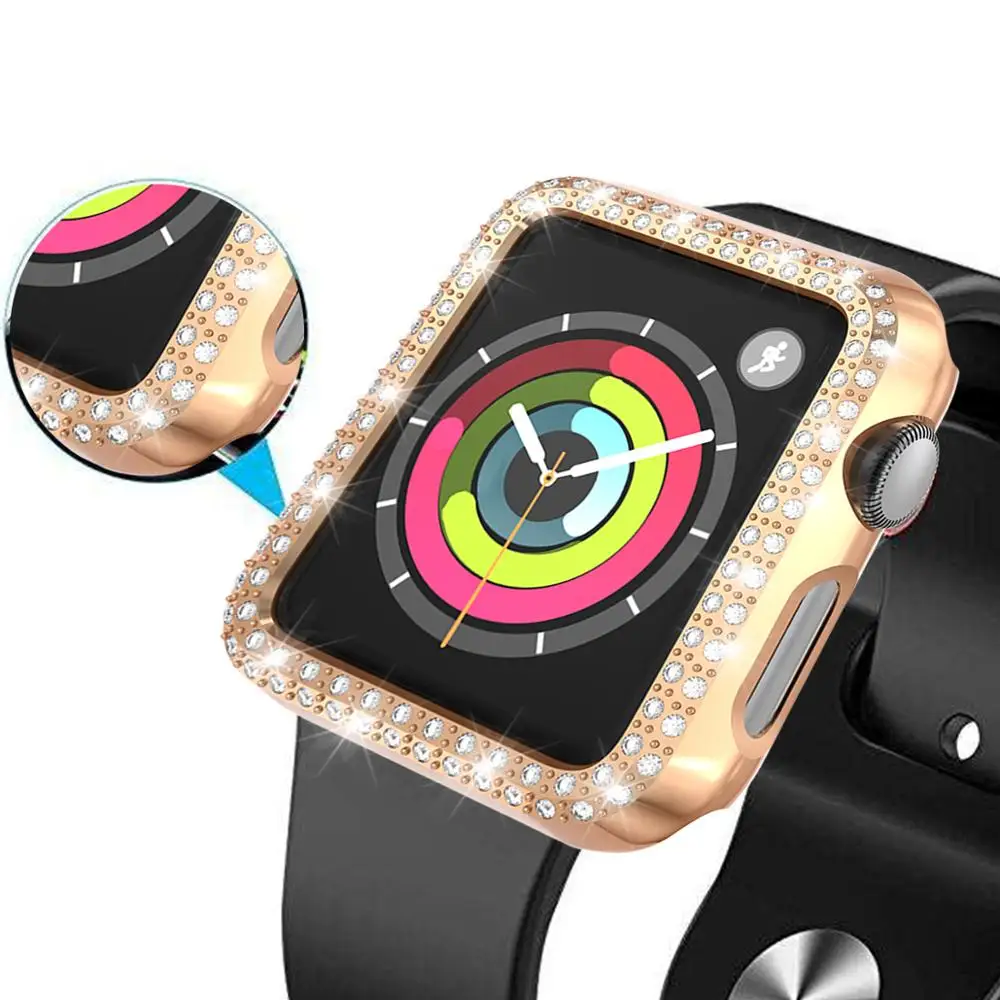 rose gold Чехол для часов с двумя алмазами для apple watch 5, 4, 3, 2, чехол 38 мм, 42 мм, 40 мм, 44 мм, защитный чехол для экрана для iWatch Series 5, 4 - Цвет: rose gold