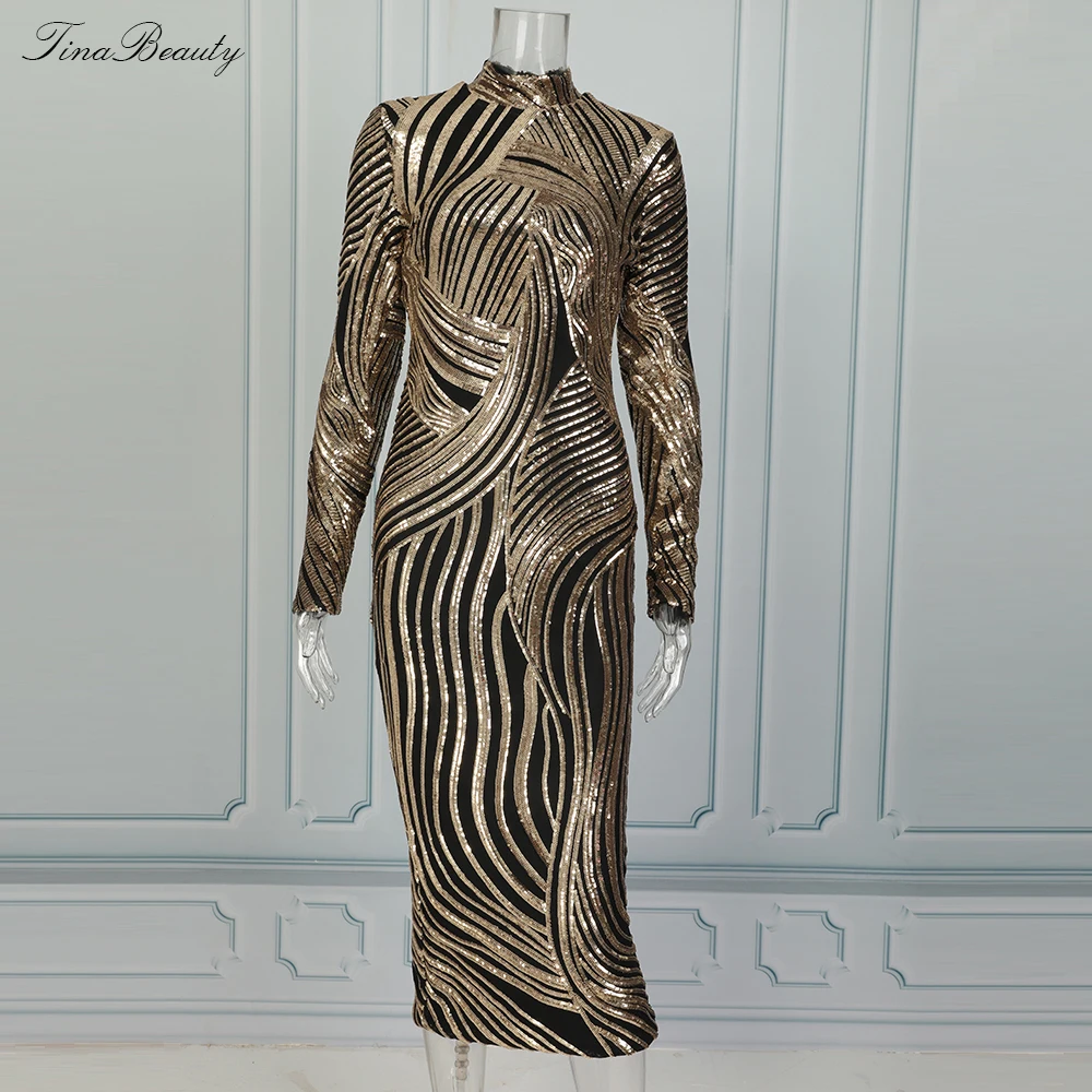 Женское блестящее платье-водолазка Tin Beauty золотистое длинное вечернее платье с