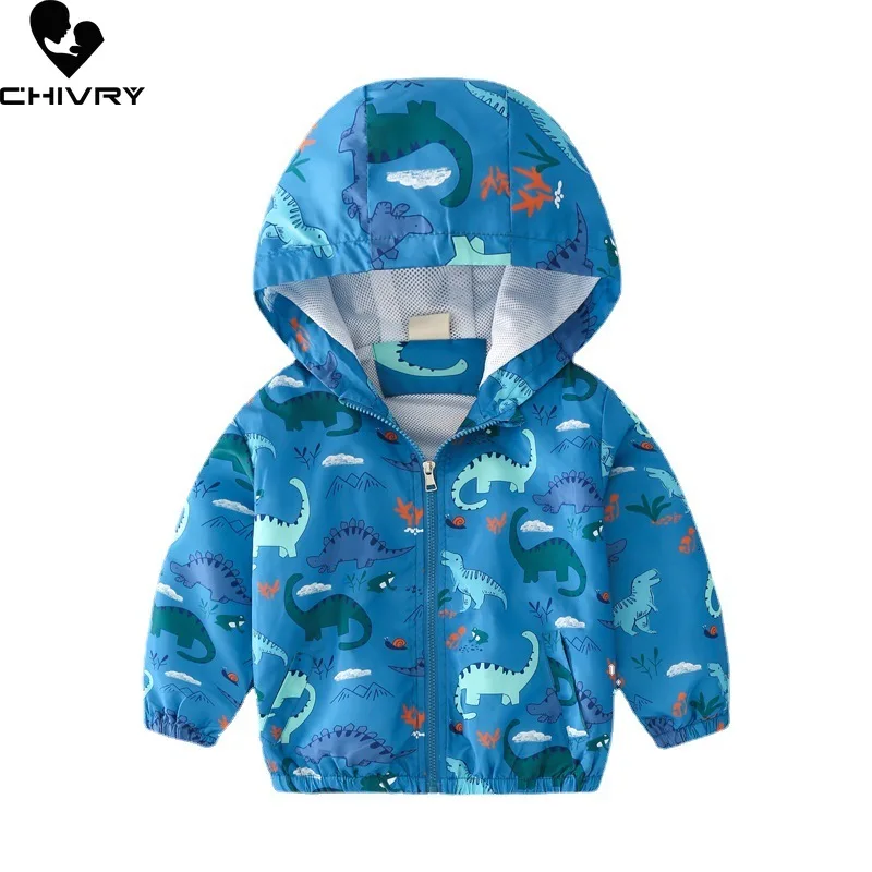 

New 2021 Spring Autumn Children Coat Kids Boys Jacket Outerwear Fashion Cartoon Dinosaur Print Hooded Zipper Windbreaker Clothes