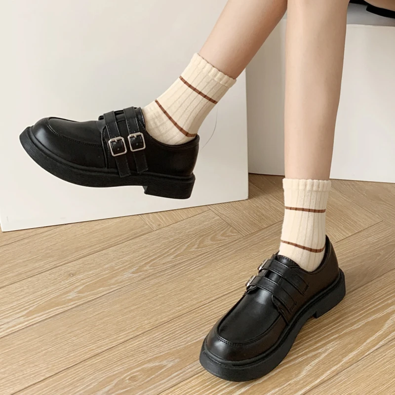 

Rimocy Patent Leather Buckle Mary Jane Shoes Women Rount Toe Med Heel Pumps Woman Black Shallow Platform Student Shoes Ladies