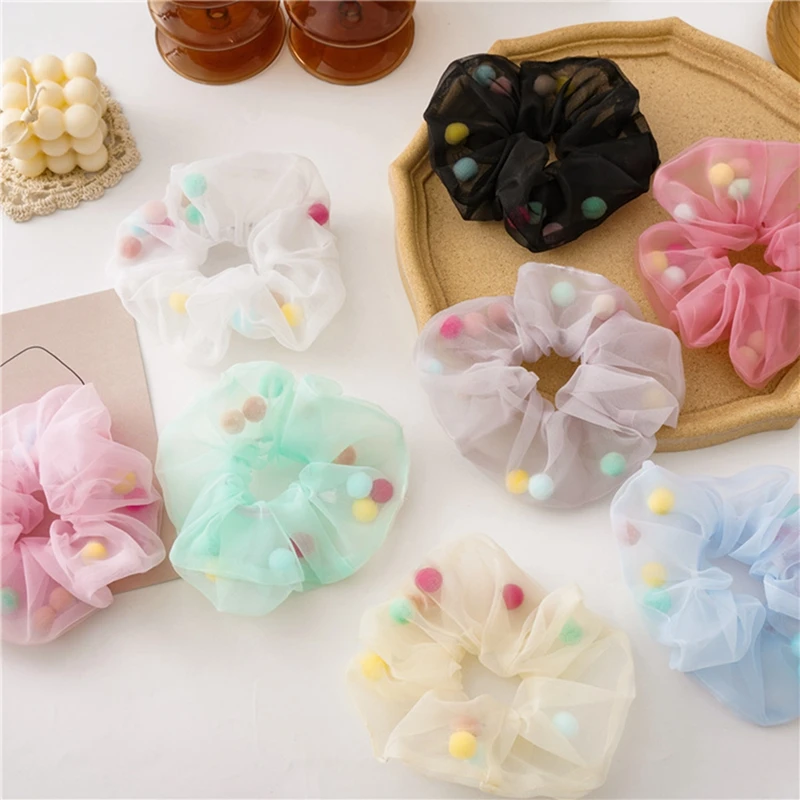 

2020 Fashion Women Organza With Ball Hair Scrunchies ins Girl's Cute Hair Bands Ponytail Holder Girl Hair Accessories