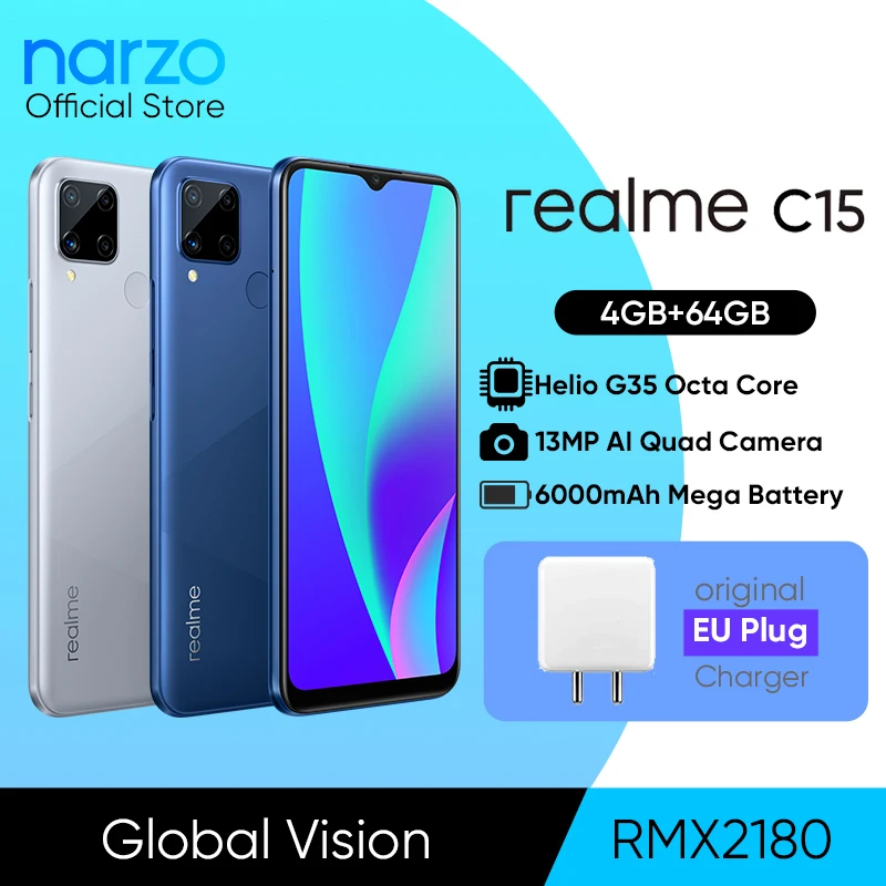 Перейти на Алиэкспресс и купить Глобальная версия в наличии realme C15 смартфон Helio G35 Octa Core 4 Гб 64 Гб 6,5 дюймДисплей 6000 мАч большой Батарея 18 Вт Quick Charge