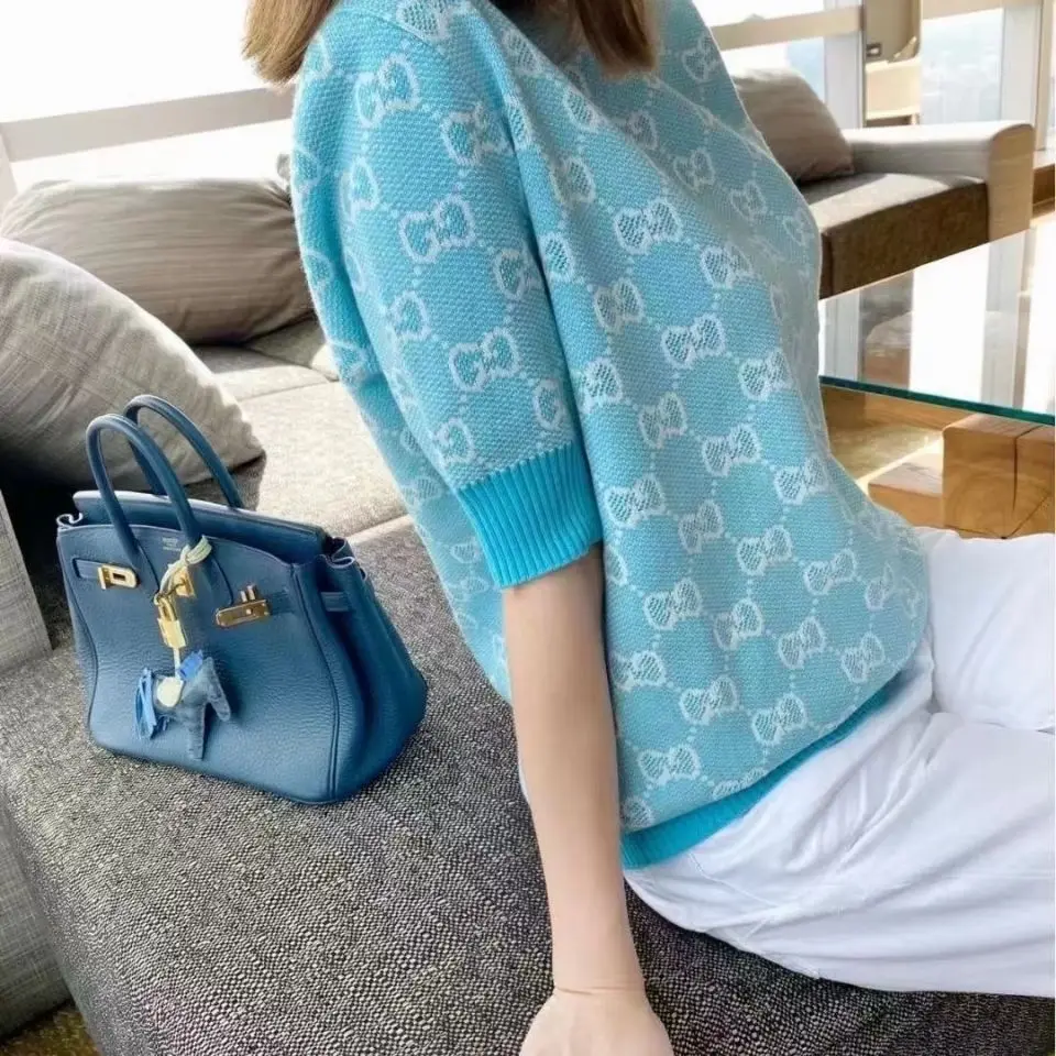 

European Station 2021 High Quality Spring New Top Small Fragrance Letter Jacquard Sweater Medium Sleeve Round Neck Shirt