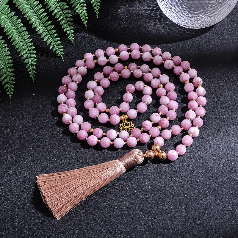 

8mm Kunzite Beaded Knotted Japamala Necklace 108 Mala Rosary Meditation Yoga Jewelry Set with Golden Stainless Steel Beads Lotus
