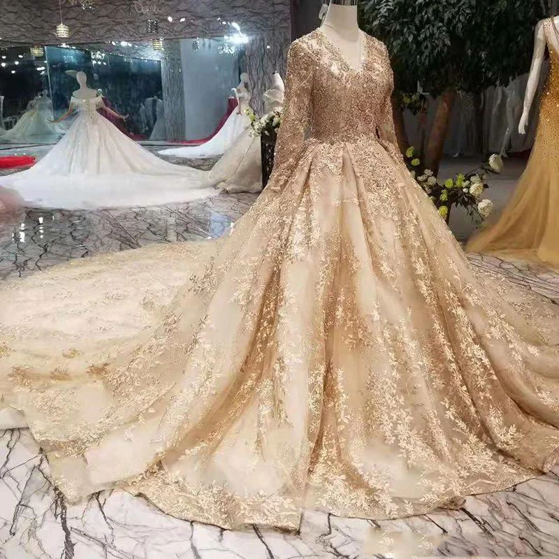 Golden Lace Wedding Dresses 2021 Newest Design V-Neck Long Sleeves Lace Up Back Luxury Wedding Dress With Shiny Royal Train
