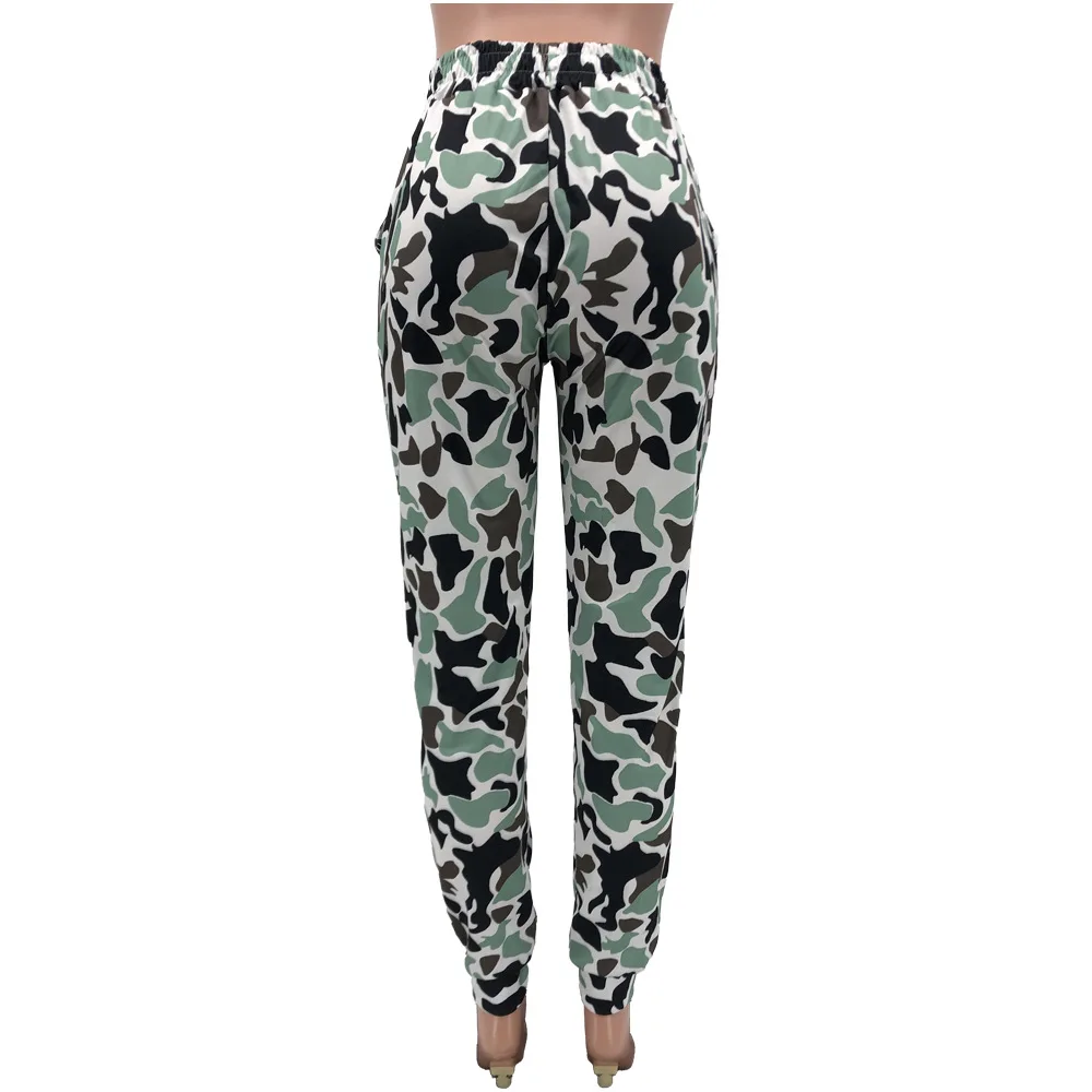 

Green Camouflage Print Street Style Cargo Pant Women High Waist Sporty Workout Long Trouser Hip Hop Female Loose Running Bottoms