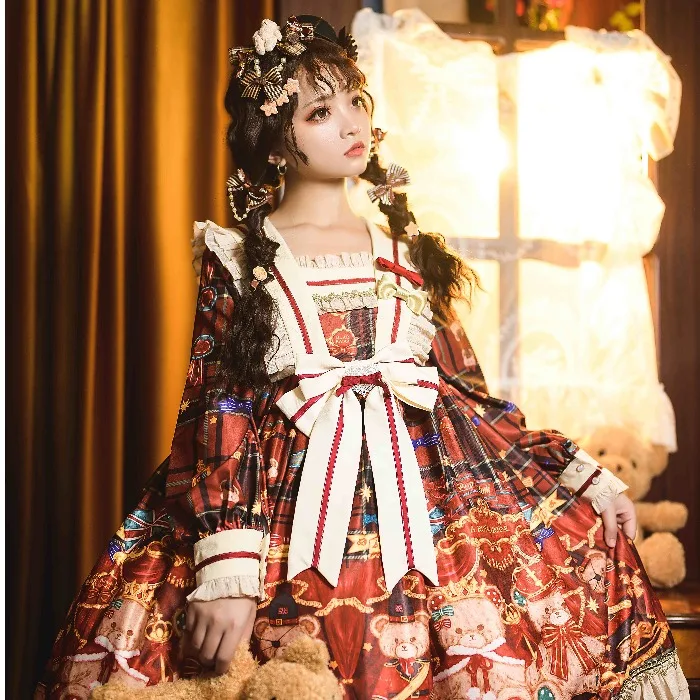 

Magnificent Court Kawaii Lolita Dress British Knight Bear Long Sleeve Op Dress Vintage Bowknot Sweet Long Sleeve Fall Winter