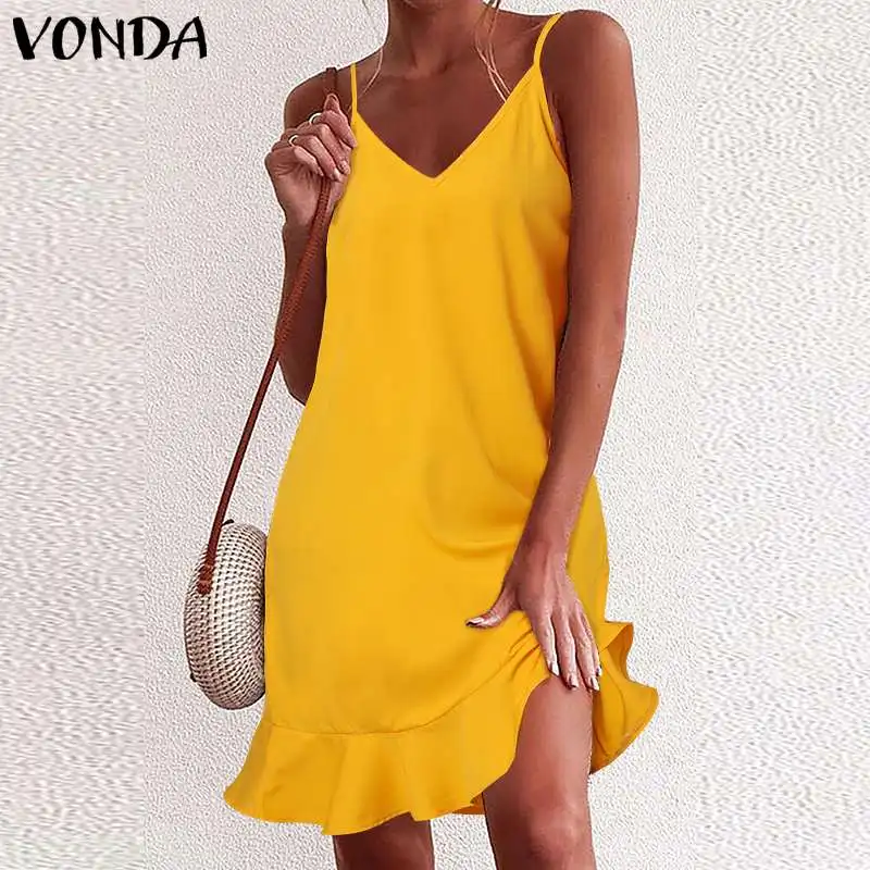 

Summer Beach Dress 2021 VONDA Bohemian Sundress Female Sexy V Neck Spaghetti Strap Party Short Dresses Casual Vestido