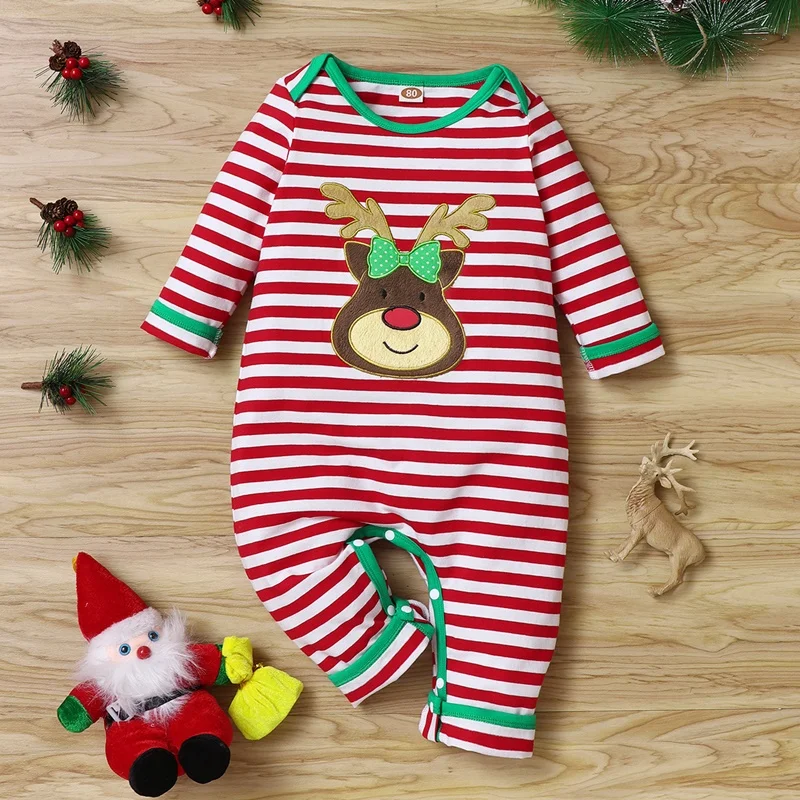 

2021 Christmas Baby Rompers Striped Cute Cartoon Deer Long Sleeve Baby Playsuits Cotton Soft Baby Jumpsuits Spring Fall 3-18M