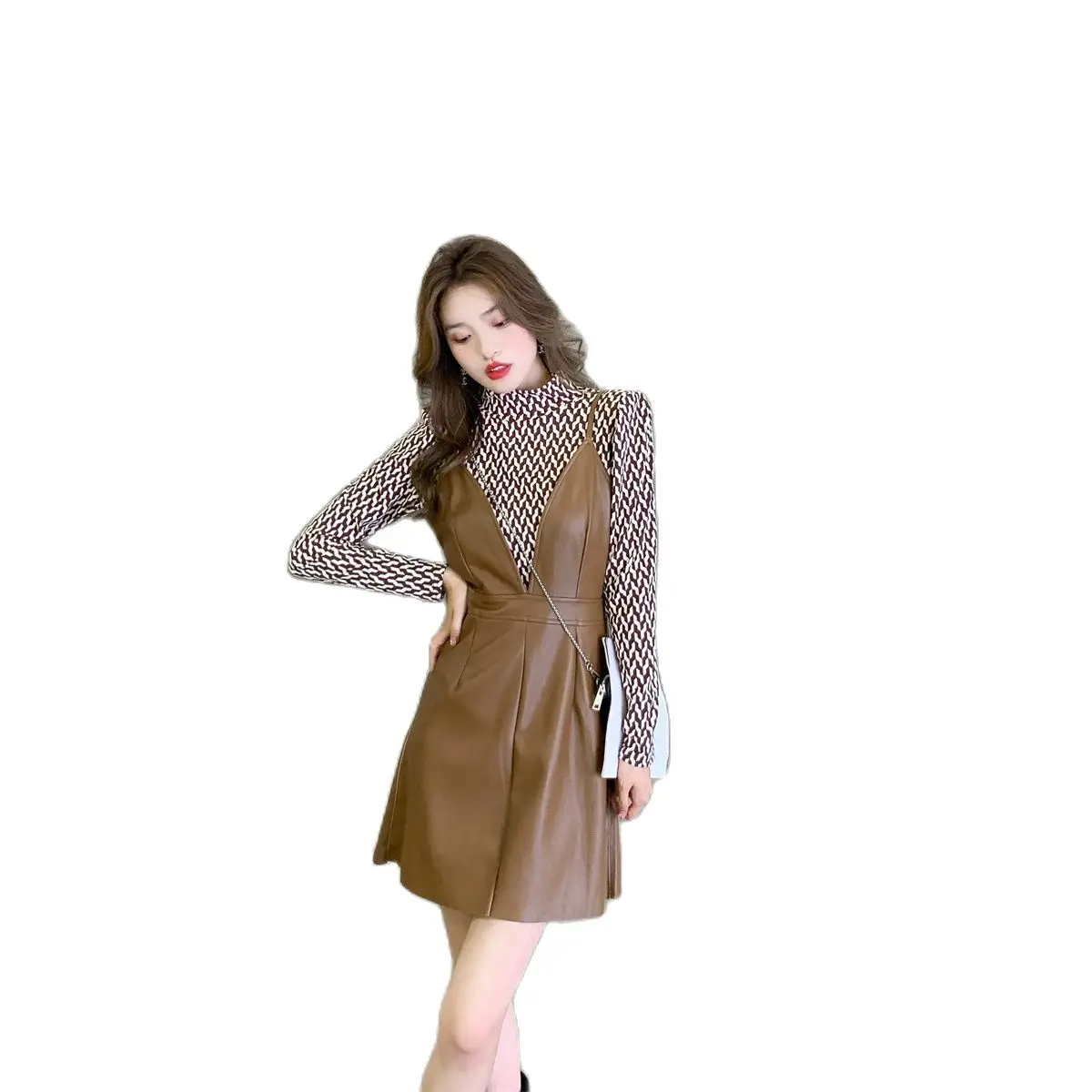 

PU Dress with Printed T-shirt Set Vintage Fashion Women Two Pieces Set