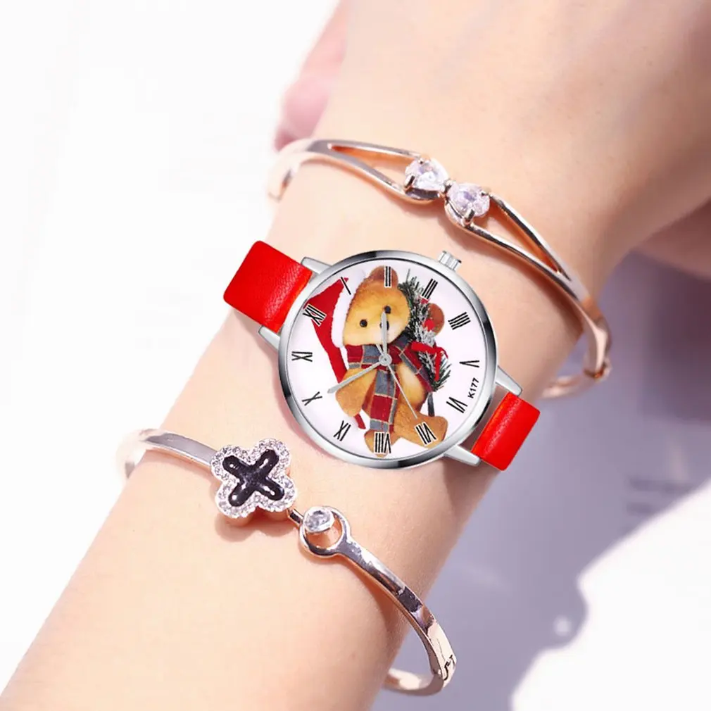 Новые часы для женщин модный браслет Кварцевые с милым рисунком медведя